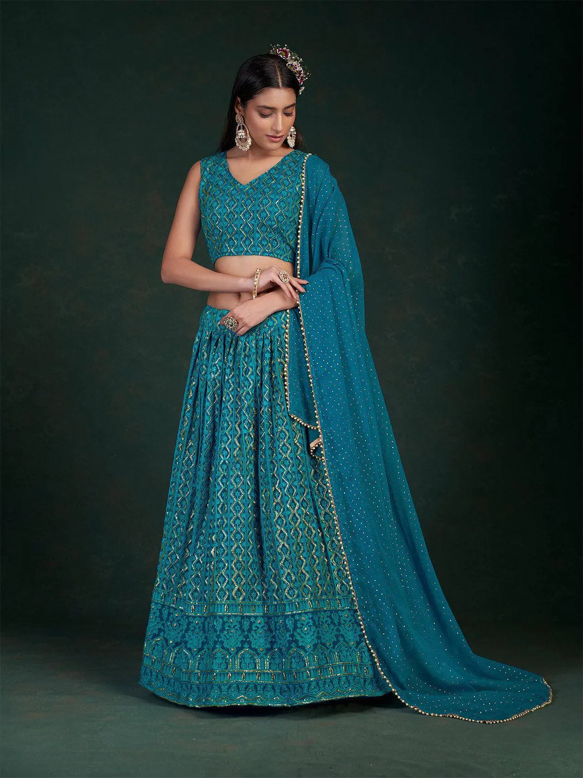 Teal Embroidered Bridal Lehenga Set