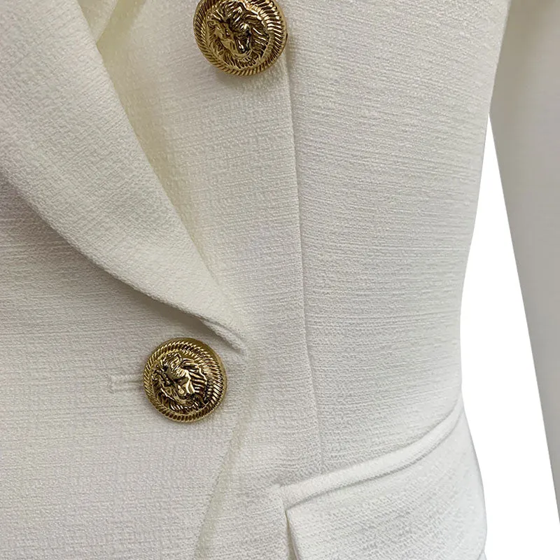 Textured Gold Button Detail Peak Lapel Double Breasted Tailored Linen Blazer