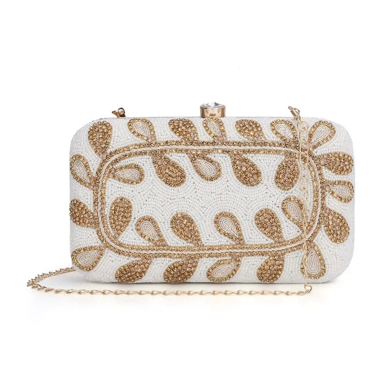 THE CLOWNFISH Angela Collection Womens Party Clutch Ladies Wallet Evening Bag with Fashionable Round Corners Beads Work Floral Design (White)