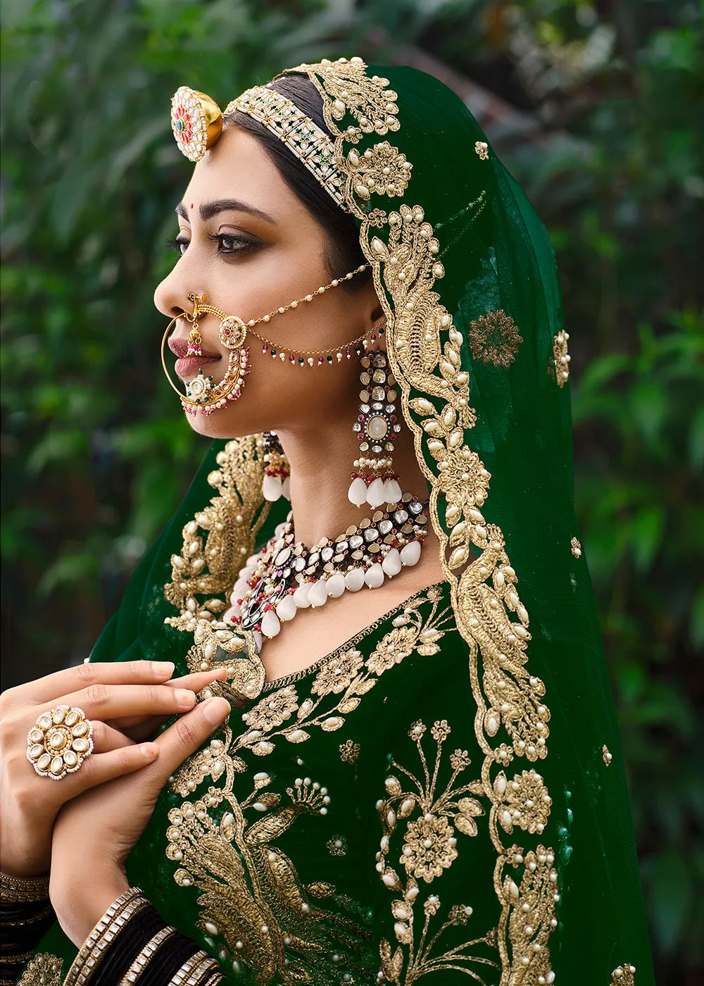 Velvet Radiant Green Stone Cording Bridal Style Lehenga Choli