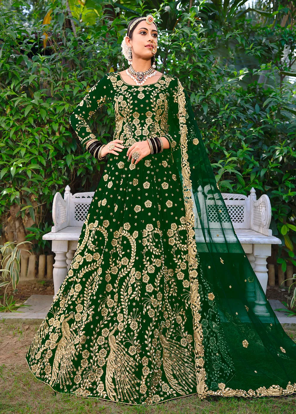 Velvet Radiant Green Stone Cording Bridal Style Lehenga Choli