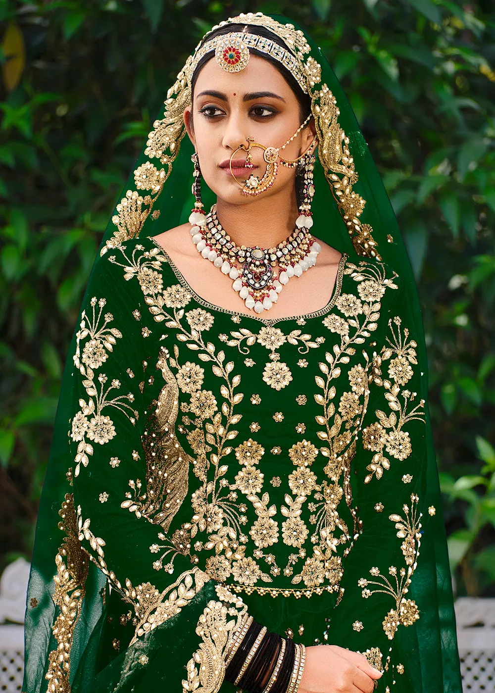 Velvet Radiant Green Stone Cording Bridal Style Lehenga Choli