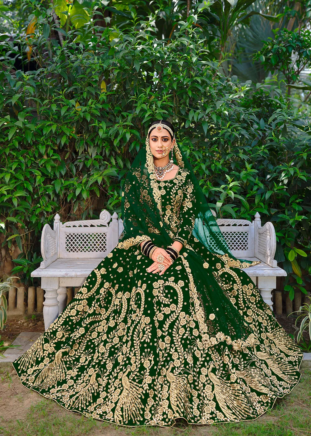 Velvet Radiant Green Stone Cording Bridal Style Lehenga Choli