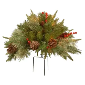 versatile Topsworth Prelit Planter Bushes | Topsworth Pre-Lit Artificial Christmas Urn Filler | Christmas Tree Flocked with Mixed Decorations and Pre-Strung White LED Lights with Stand | 26 Inch Army Green