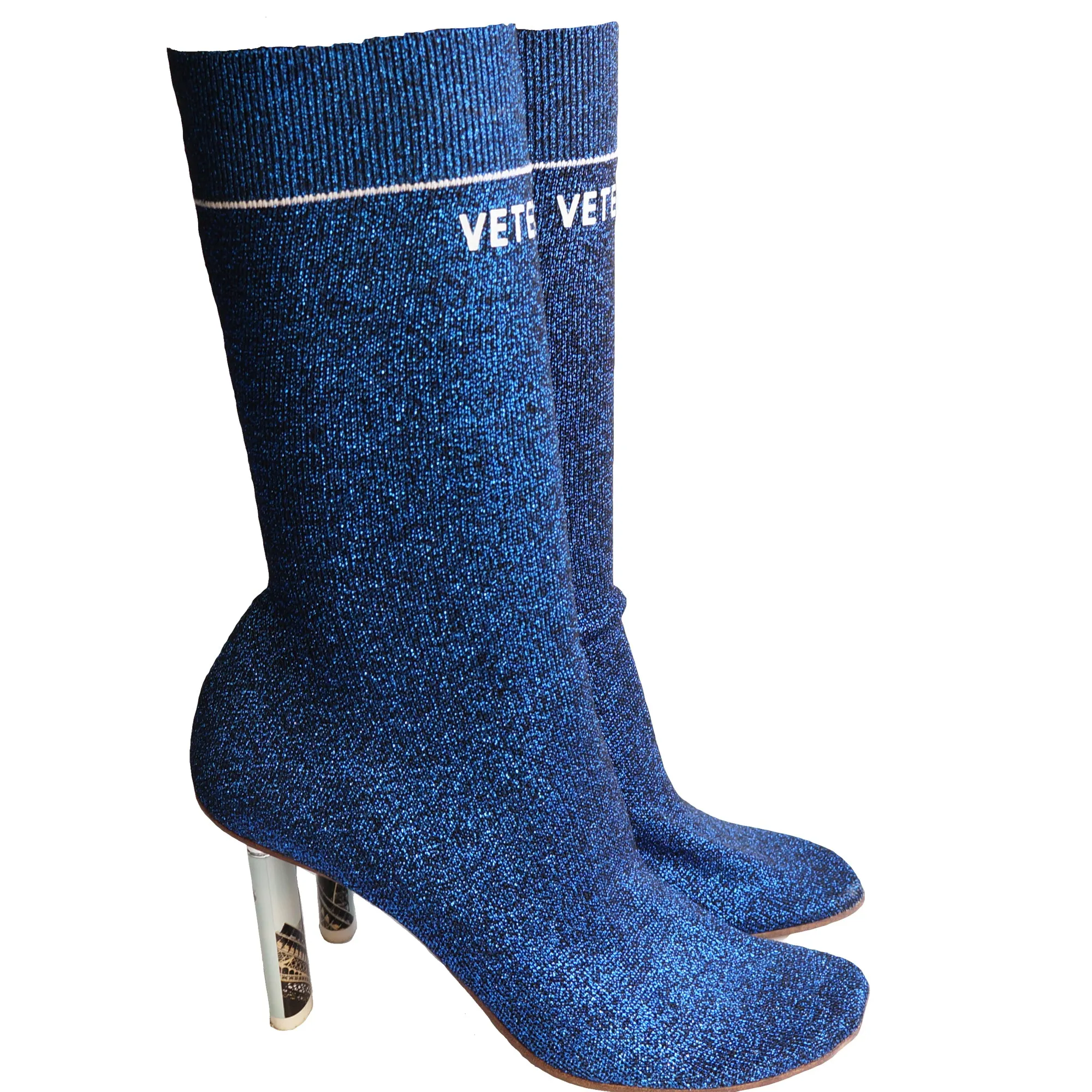 VETEMENTS BLUE LUREX EIFFEL TOWER LIGHTER SOCK BOOT