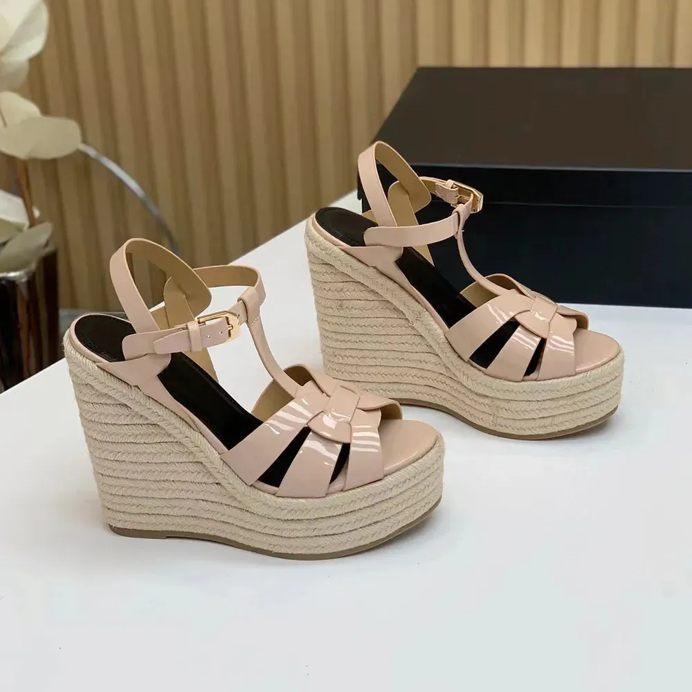 Wedge platform Sandals woven patent leather luxury designers sandal women Tapered Buckle strap super high open toes luxury designer shoes factory footwear 13CM