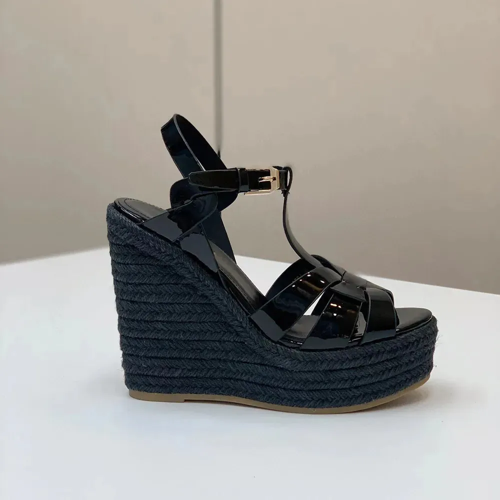 Wedge platform Sandals woven patent leather luxury designers sandal women Tapered Buckle strap super high open toes luxury designer shoes factory footwear 13CM