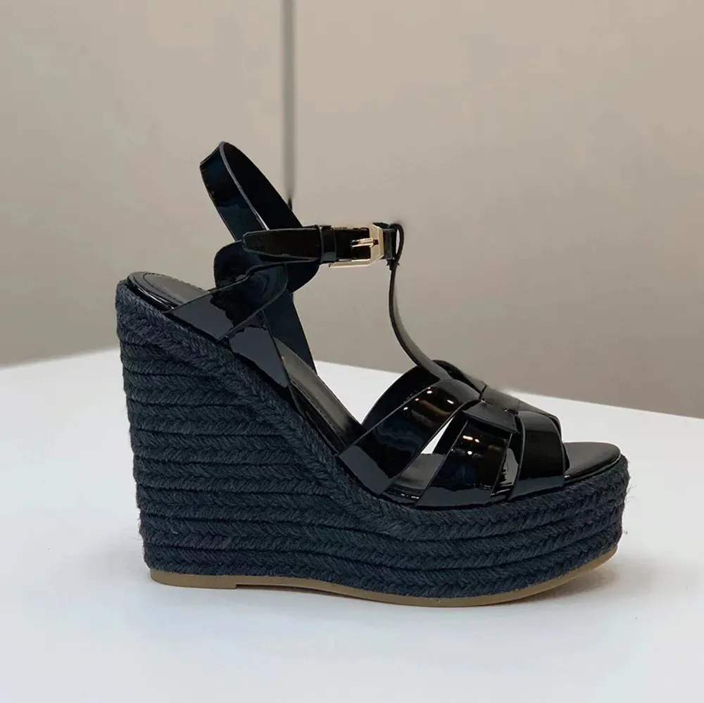 Wedge platform Sandals woven patent leather luxury designers sandal women Tapered Buckle strap super high open toes luxury designer shoes factory footwear 13CM