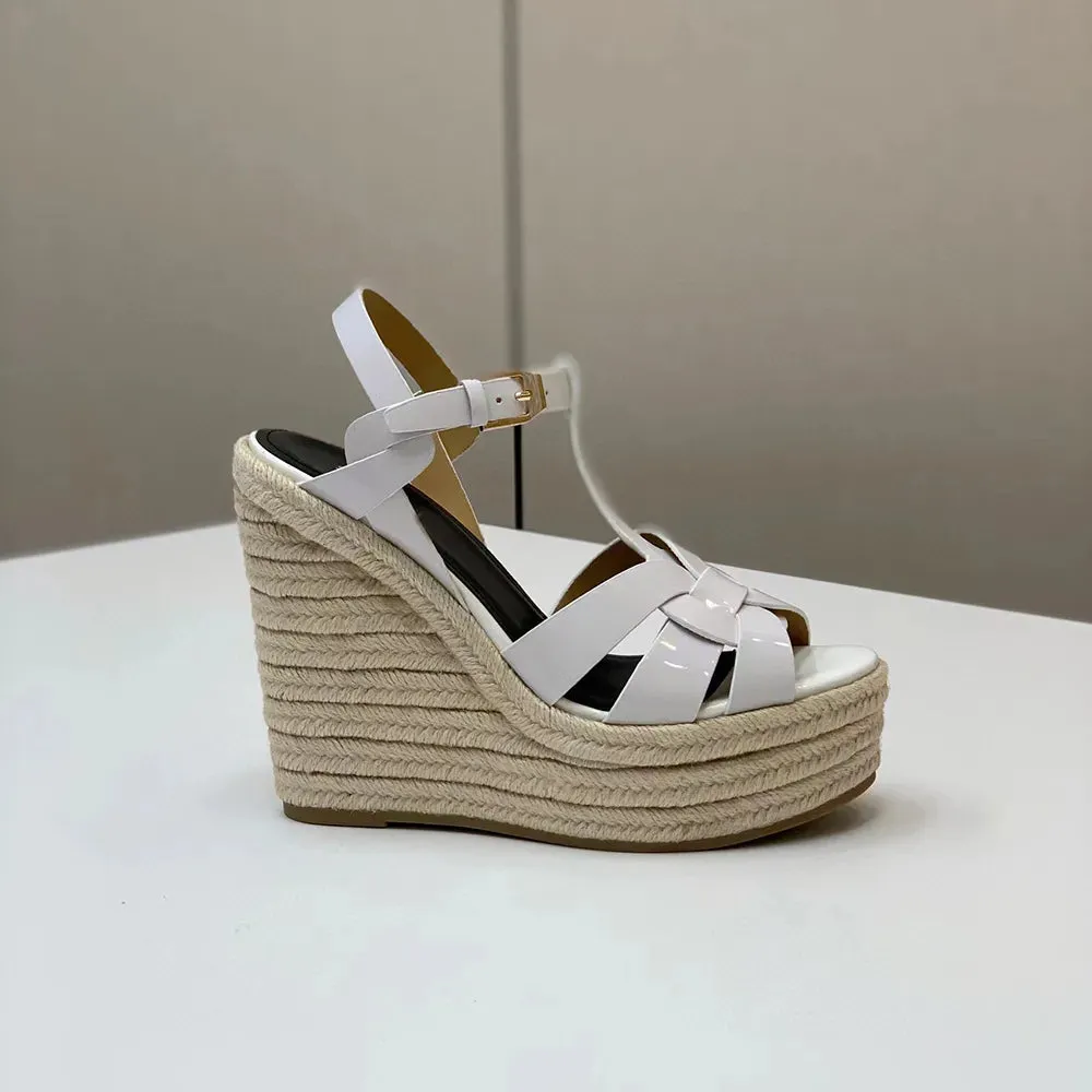 Wedge platform Sandals woven patent leather luxury designers sandal women Tapered Buckle strap super high open toes luxury designer shoes factory footwear 13CM