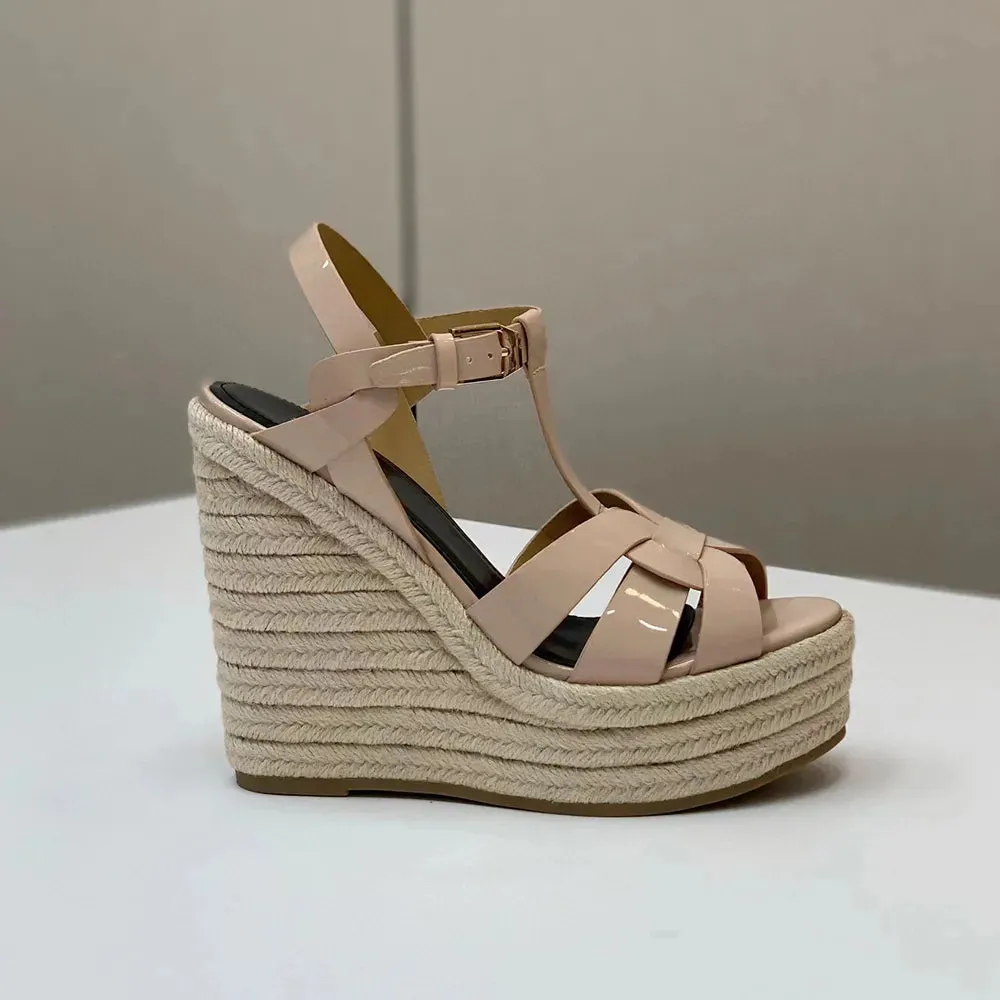 Wedge platform Sandals woven patent leather luxury designers sandal women Tapered Buckle strap super high open toes luxury designer shoes factory footwear 13CM