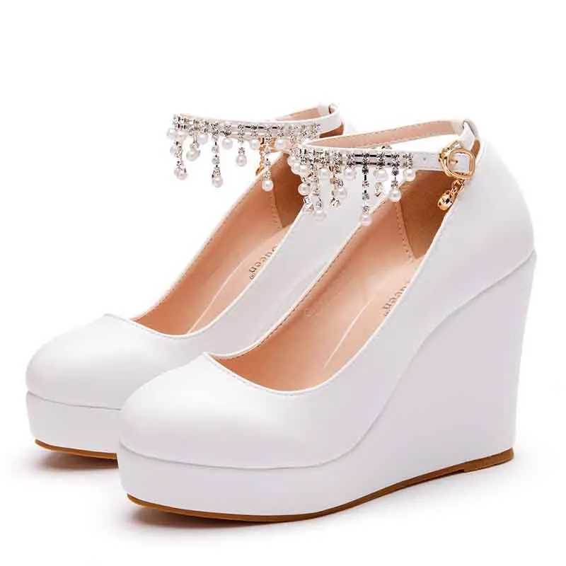 White Bridal Wedding Shoes Platform Wedges Pumps Round Toe Platform Heels