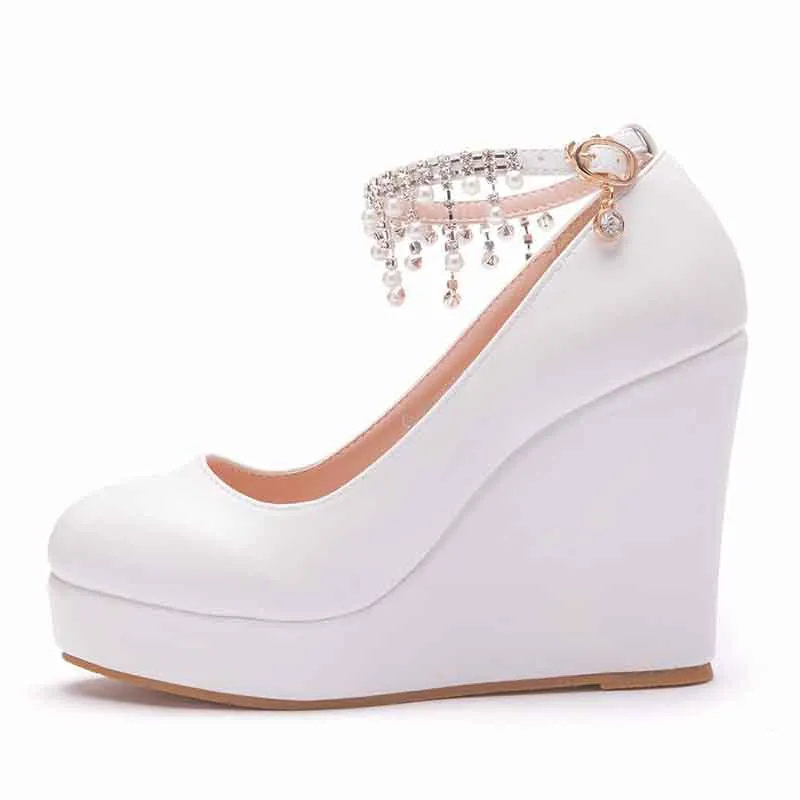 White Bridal Wedding Shoes Platform Wedges Pumps Round Toe Platform Heels