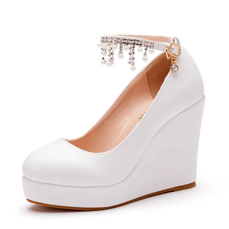 White Bridal Wedding Shoes Platform Wedges Pumps Round Toe Platform Heels