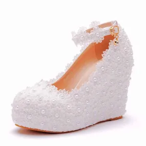 White Lace Wedding Shoes Wedges Heels Platform Wedges Pumps For Bridal