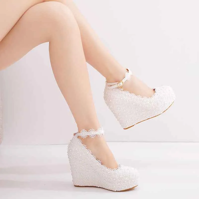 White Lace Wedding Shoes Wedges Heels Platform Wedges Pumps For Bridal