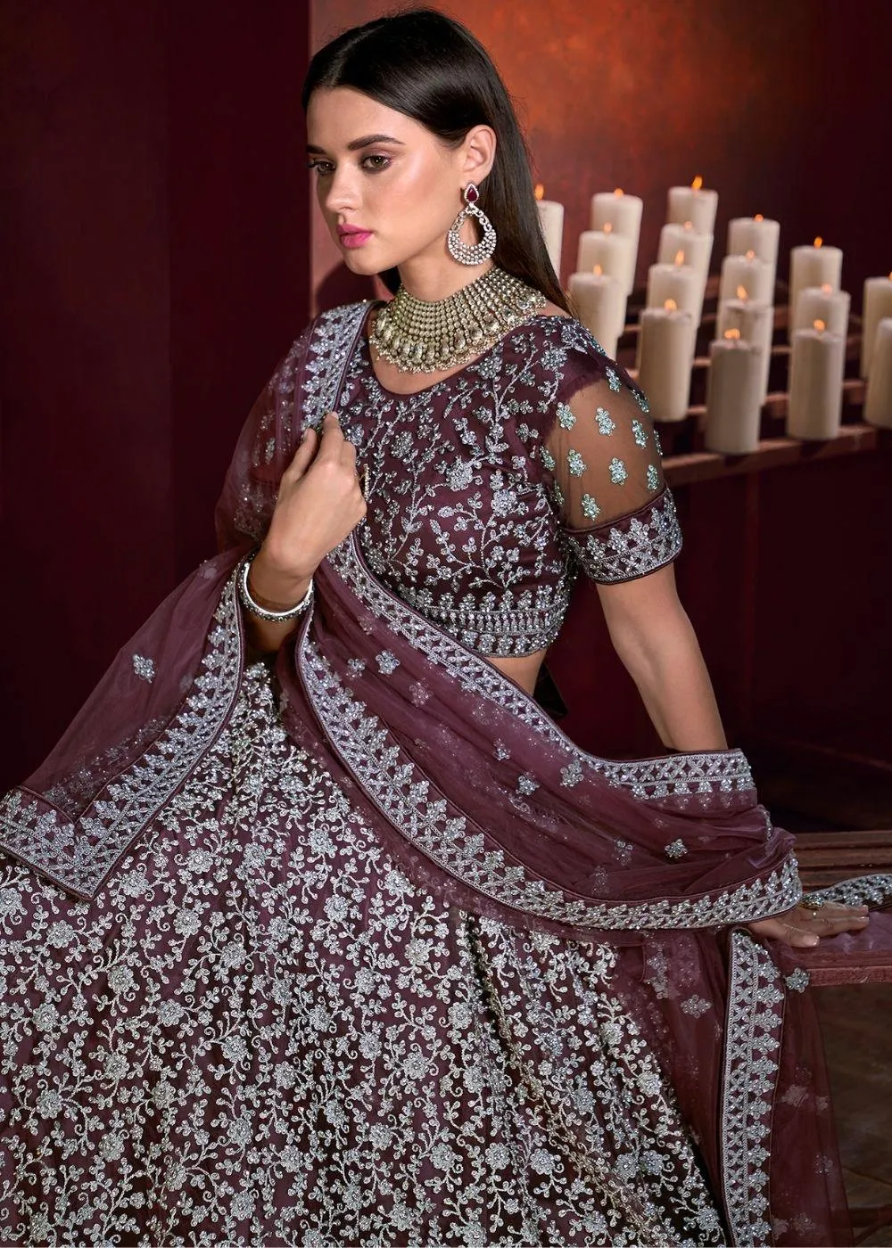 Wine Purple Net Lehenga Choli with Sequence and Zarkan work