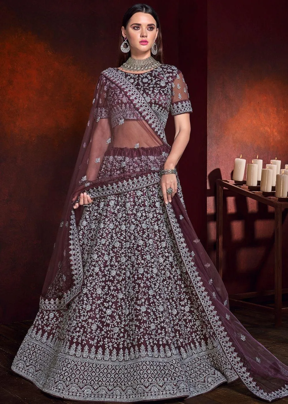 Wine Purple Net Lehenga Choli with Sequence and Zarkan work