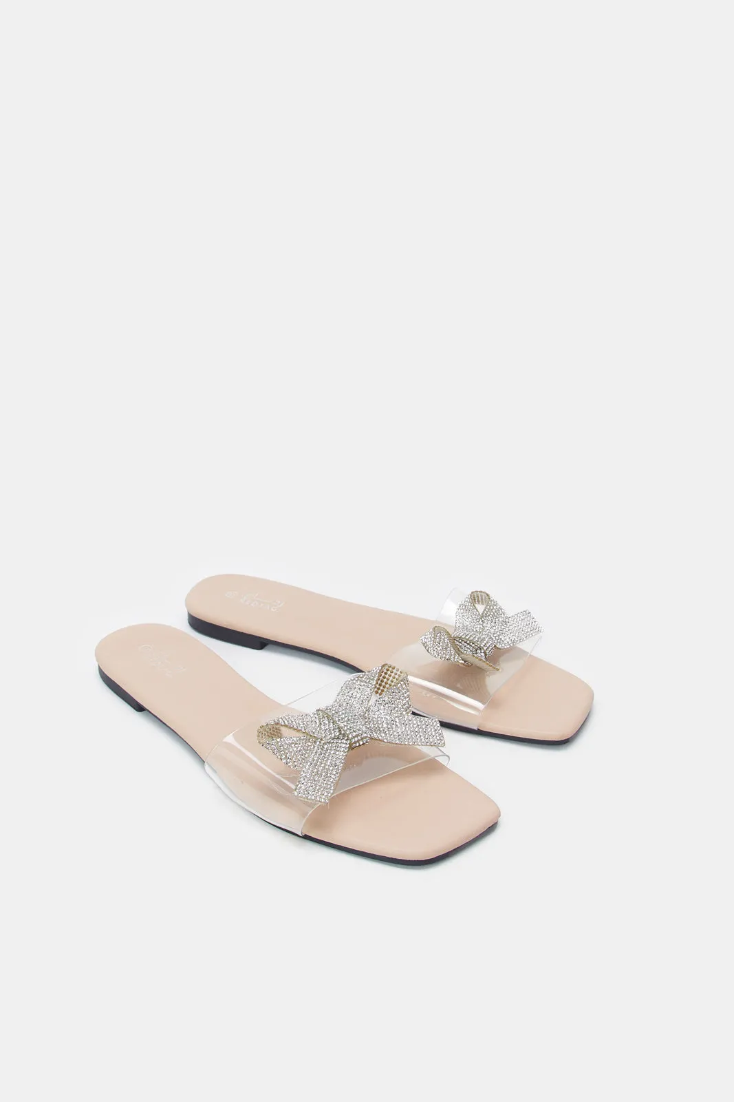 Women Beige Embellished Bow Trim Mule