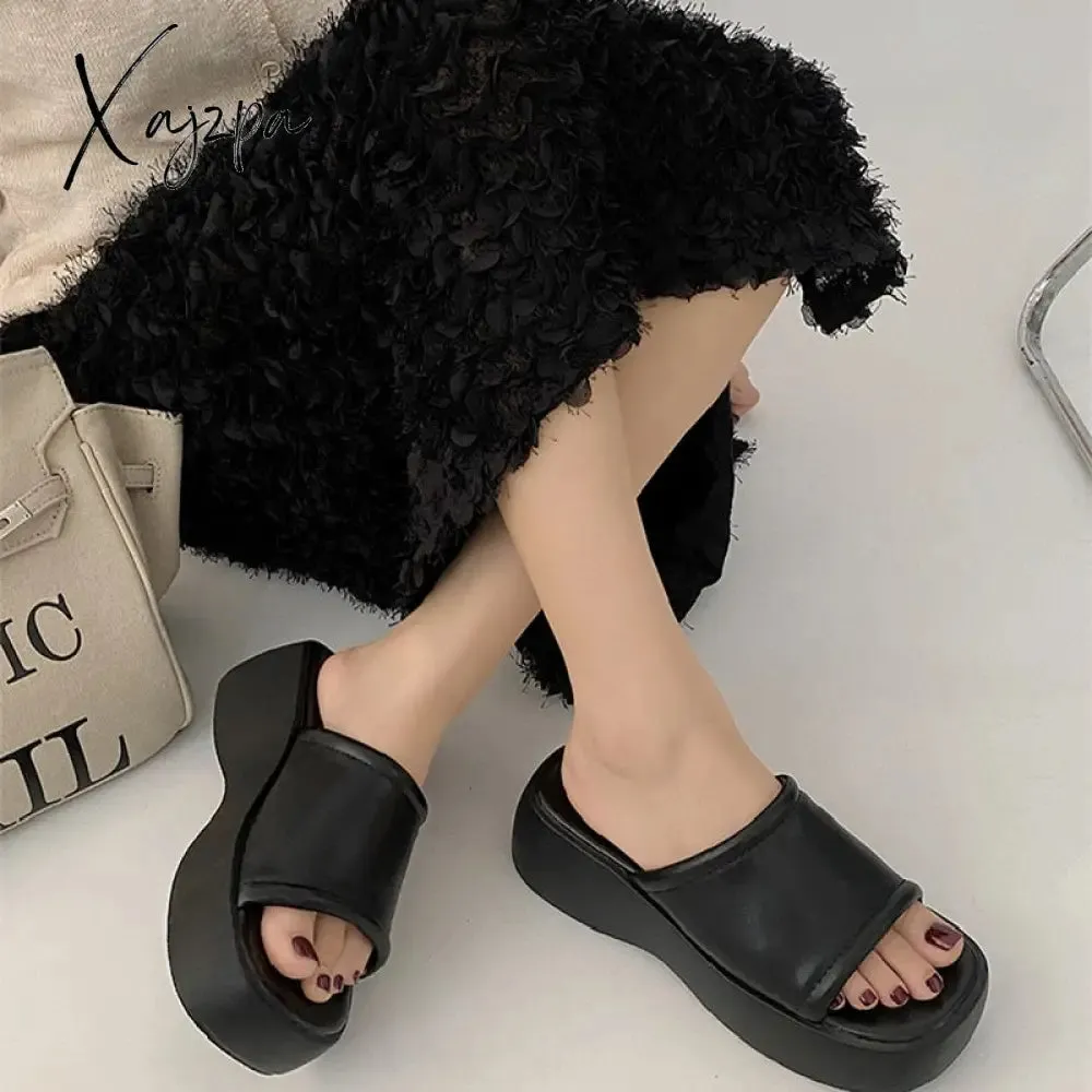 Xajzpa - Summer Sandals Women Platform Shoes Heels Luxury Mules Wedge Black Plus Size Slippers Elegant Designer pu leather House Indoor