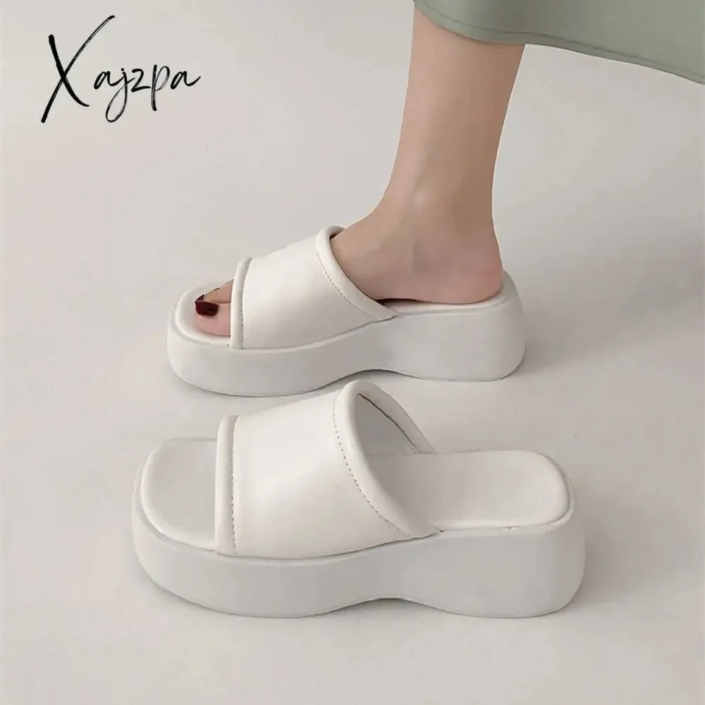 Xajzpa - Summer Sandals Women Platform Shoes Heels Luxury Mules Wedge Black Plus Size Slippers Elegant Designer pu leather House Indoor