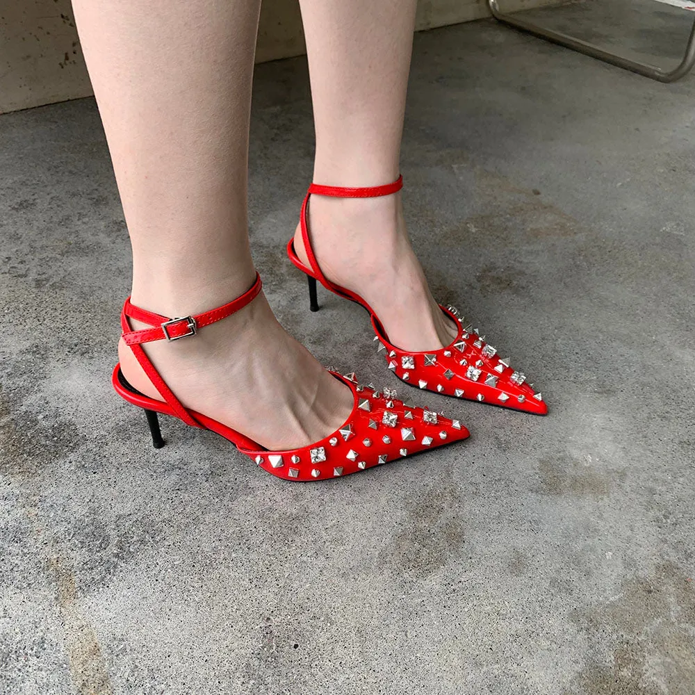 xiangtuibao Fashion Women Sandals Pointed Toe Rivet Design Summer Dress Shoes Thin High Heel Black Red White Silver Elegant Ankle Strap Pump