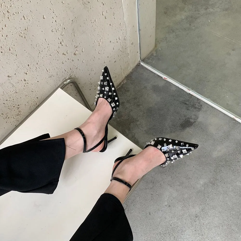 xiangtuibao Fashion Women Sandals Pointed Toe Rivet Design Summer Dress Shoes Thin High Heel Black Red White Silver Elegant Ankle Strap Pump