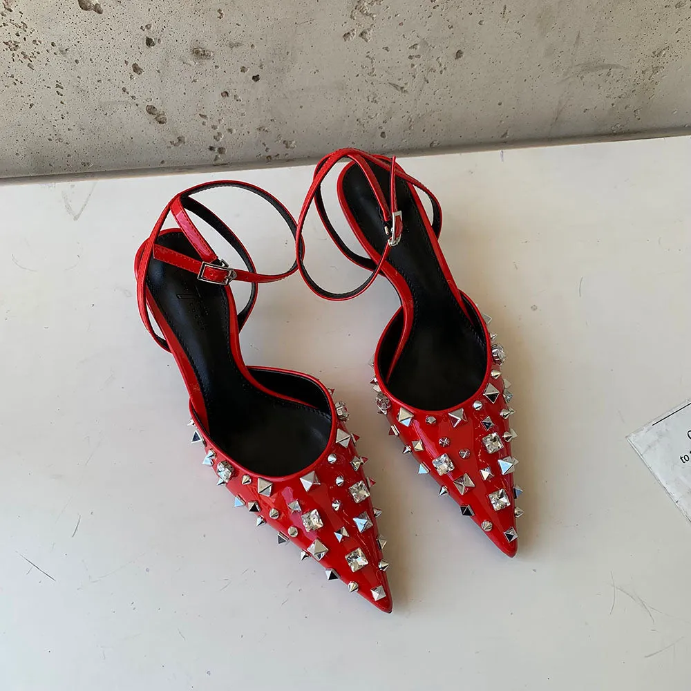 xiangtuibao Fashion Women Sandals Pointed Toe Rivet Design Summer Dress Shoes Thin High Heel Black Red White Silver Elegant Ankle Strap Pump