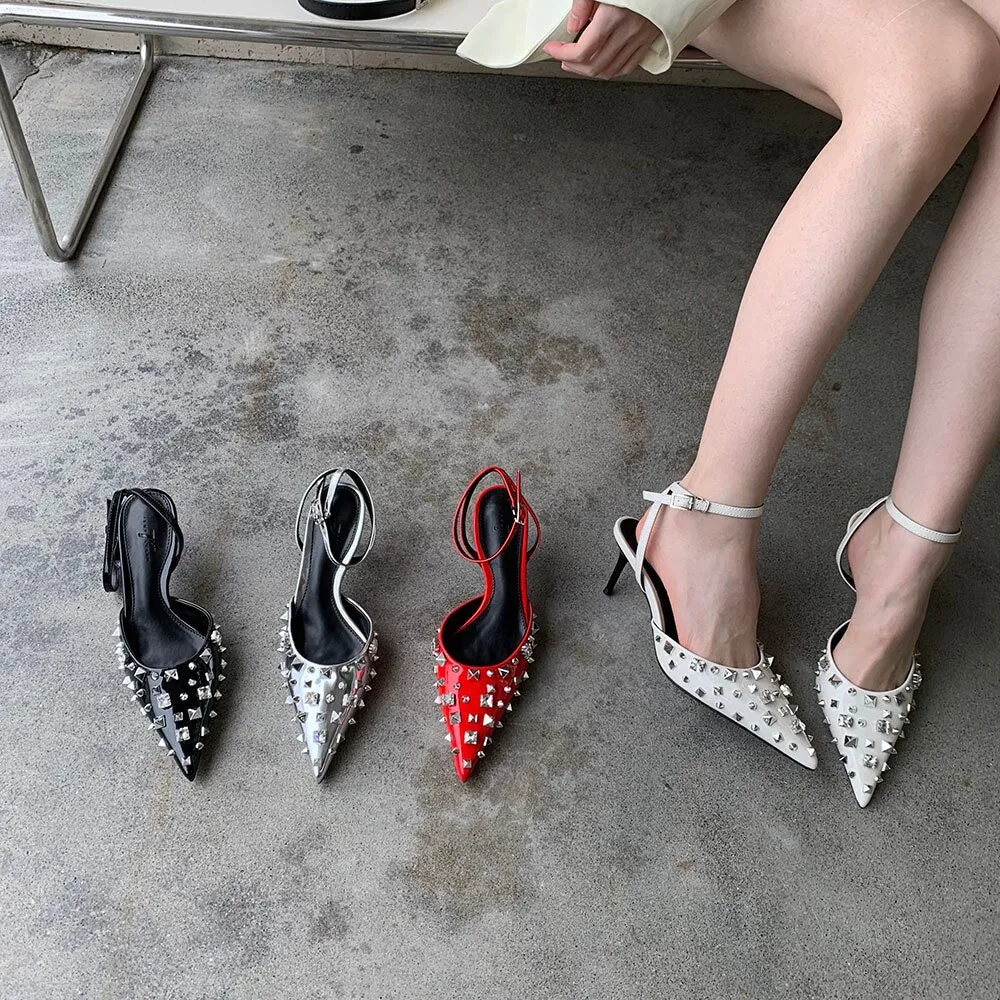 xiangtuibao Fashion Women Sandals Pointed Toe Rivet Design Summer Dress Shoes Thin High Heel Black Red White Silver Elegant Ankle Strap Pump