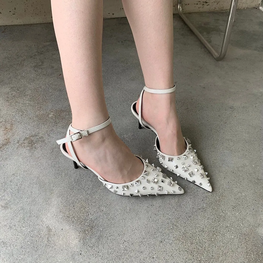 xiangtuibao Fashion Women Sandals Pointed Toe Rivet Design Summer Dress Shoes Thin High Heel Black Red White Silver Elegant Ankle Strap Pump