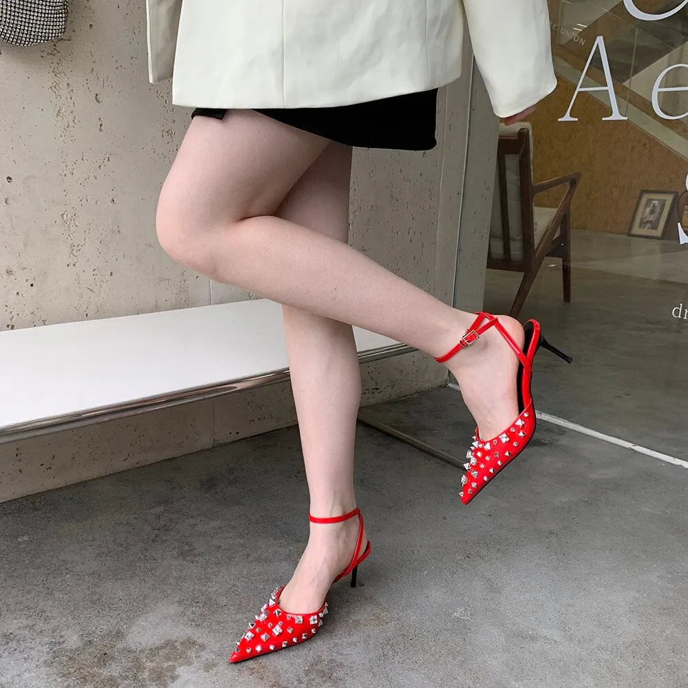 xiangtuibao Fashion Women Sandals Pointed Toe Rivet Design Summer Dress Shoes Thin High Heel Black Red White Silver Elegant Ankle Strap Pump