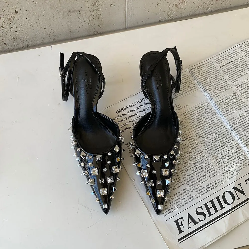 xiangtuibao Fashion Women Sandals Pointed Toe Rivet Design Summer Dress Shoes Thin High Heel Black Red White Silver Elegant Ankle Strap Pump