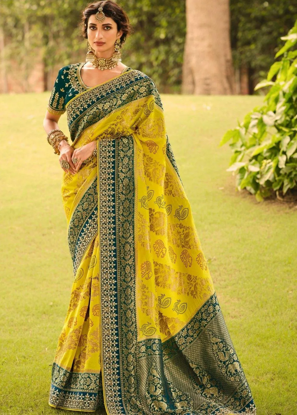 Yellow & Green Woven Dola Silk Saree Having Khatli work on Border & Blouse | Stitched Blouse