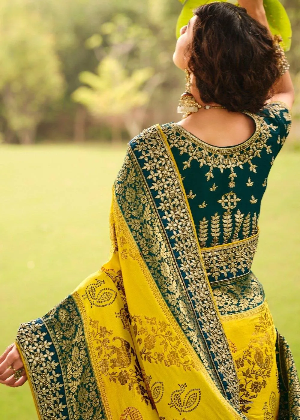 Yellow & Green Woven Dola Silk Saree Having Khatli work on Border & Blouse | Stitched Blouse