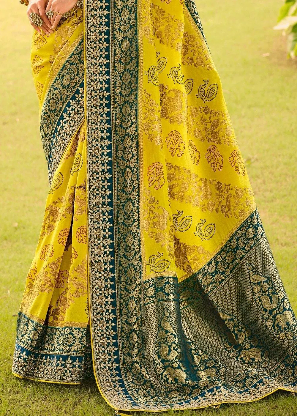 Yellow & Green Woven Dola Silk Saree Having Khatli work on Border & Blouse | Stitched Blouse