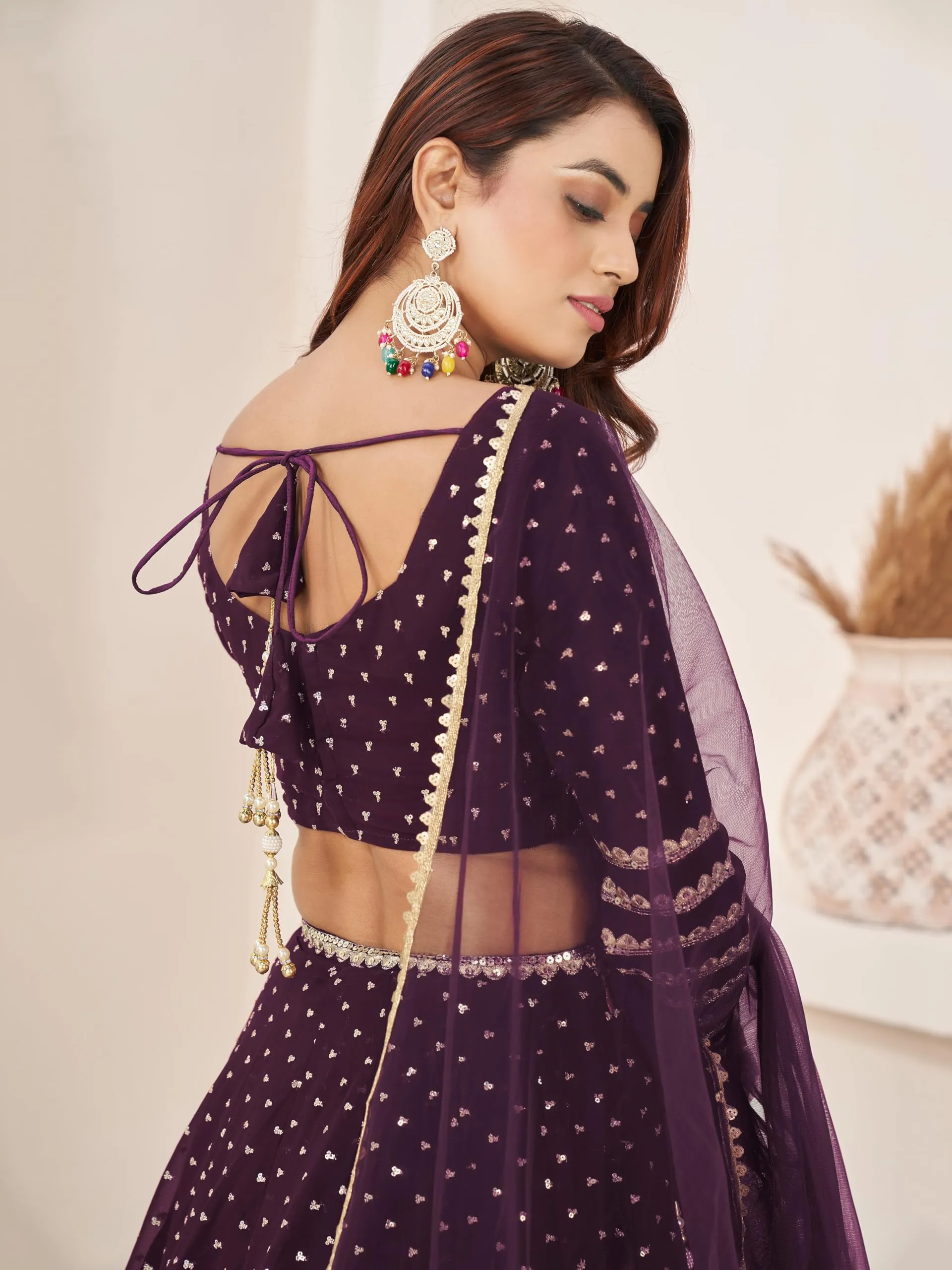 Zeel Clothing Women Sequins Zari Embroidered Georgette Semi-stitched Lehenga Choli With Dupatta (5074-Purple-Wedding-Lehenga-Choli-Latest; Free Size)