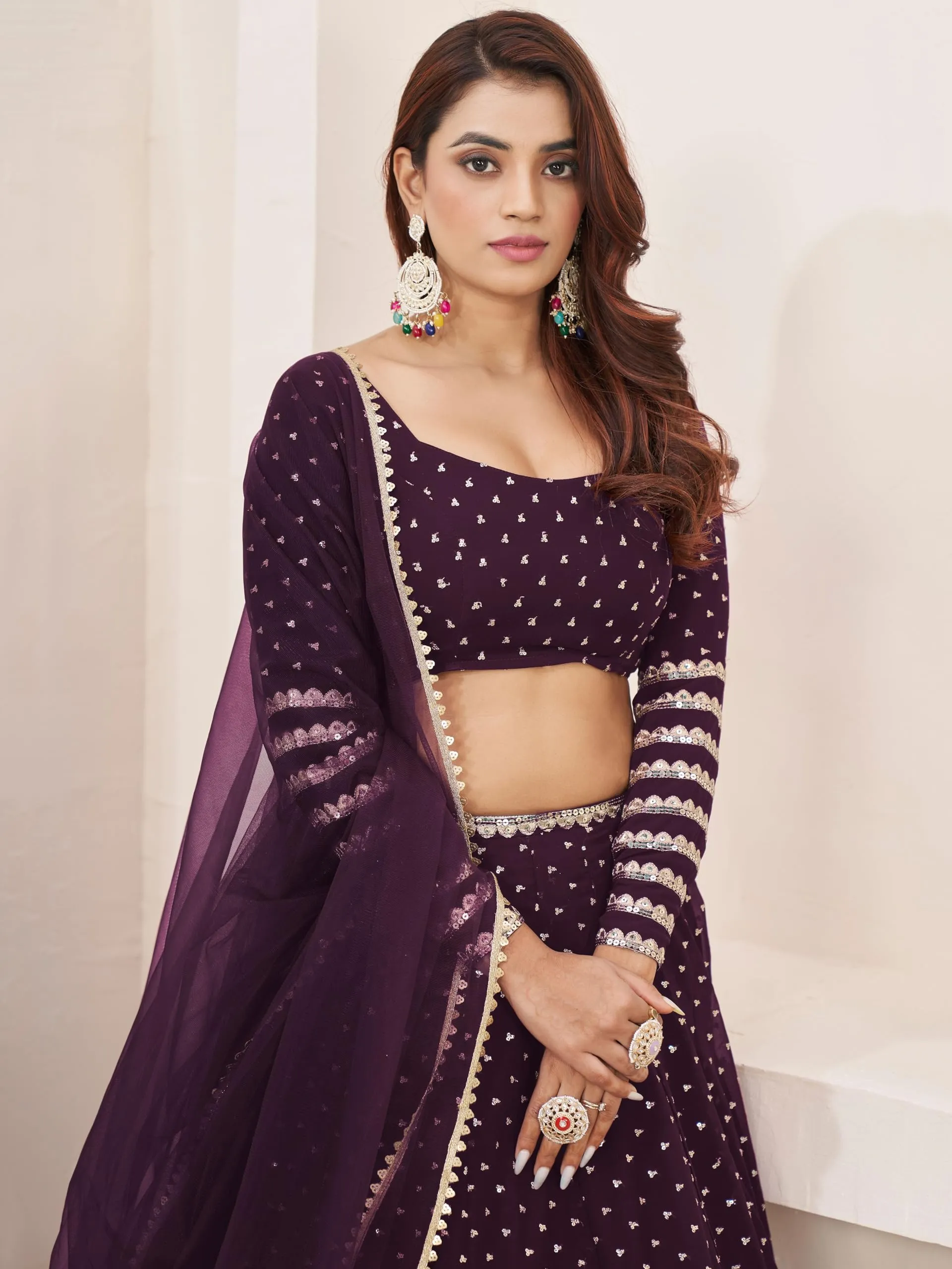 Zeel Clothing Women Sequins Zari Embroidered Georgette Semi-stitched Lehenga Choli With Dupatta (5074-Purple-Wedding-Lehenga-Choli-Latest; Free Size)