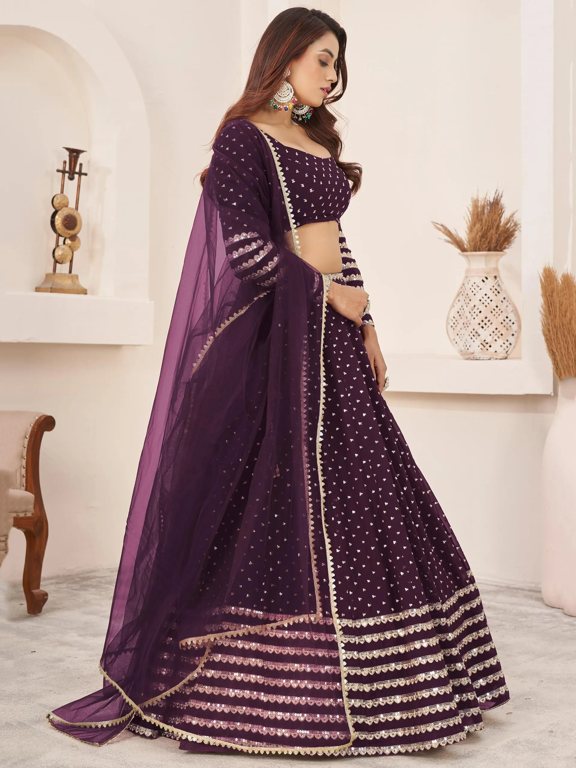 Zeel Clothing Women Sequins Zari Embroidered Georgette Semi-stitched Lehenga Choli With Dupatta (5074-Purple-Wedding-Lehenga-Choli-Latest; Free Size)