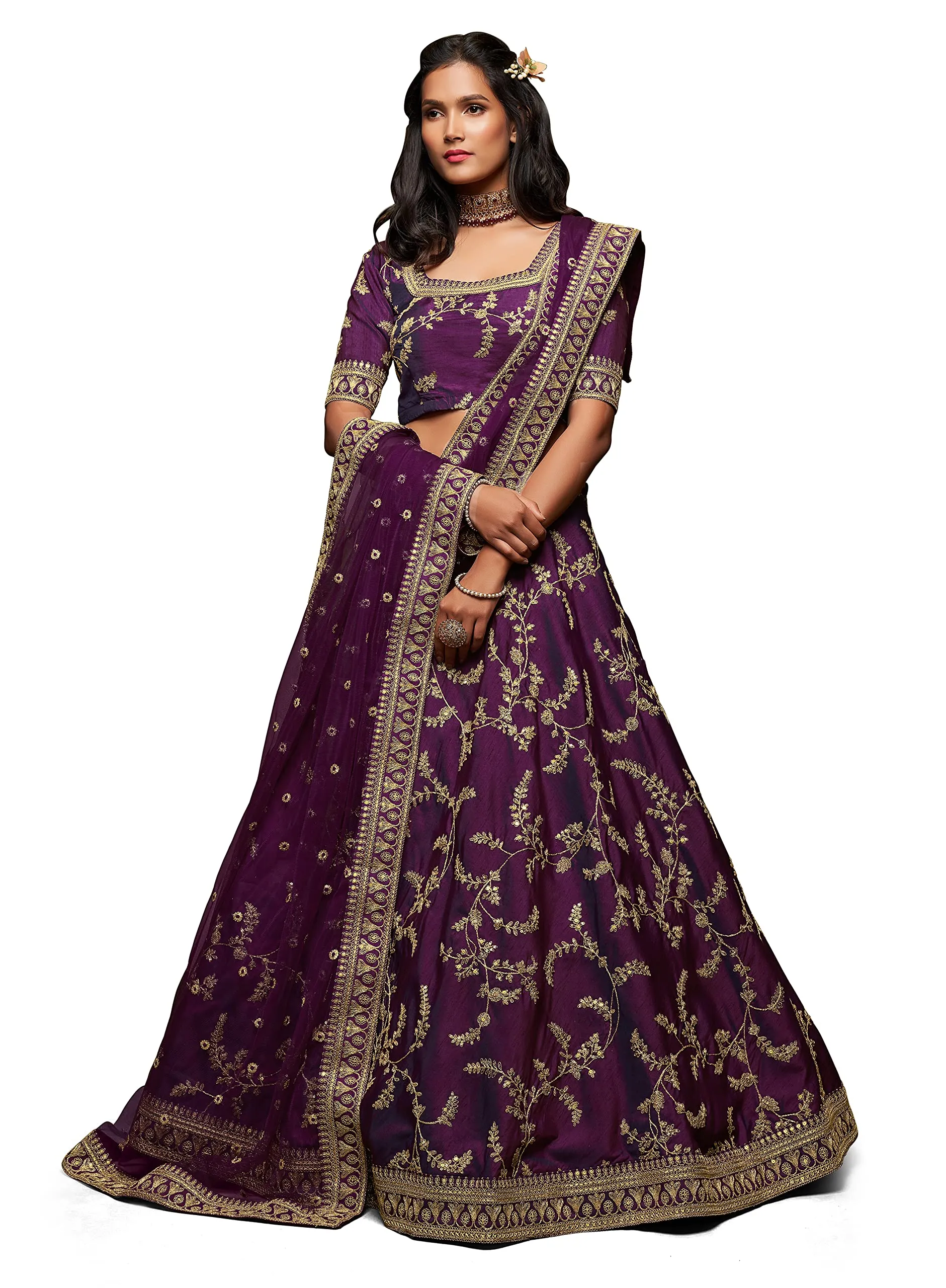 Zeel Clothing Women's Art Silk Semi-Stitched Lehenga Choli with Dupatta (7803-Purple-Wedding-Bridal-Latest-Choli; Free Size) (Purple)