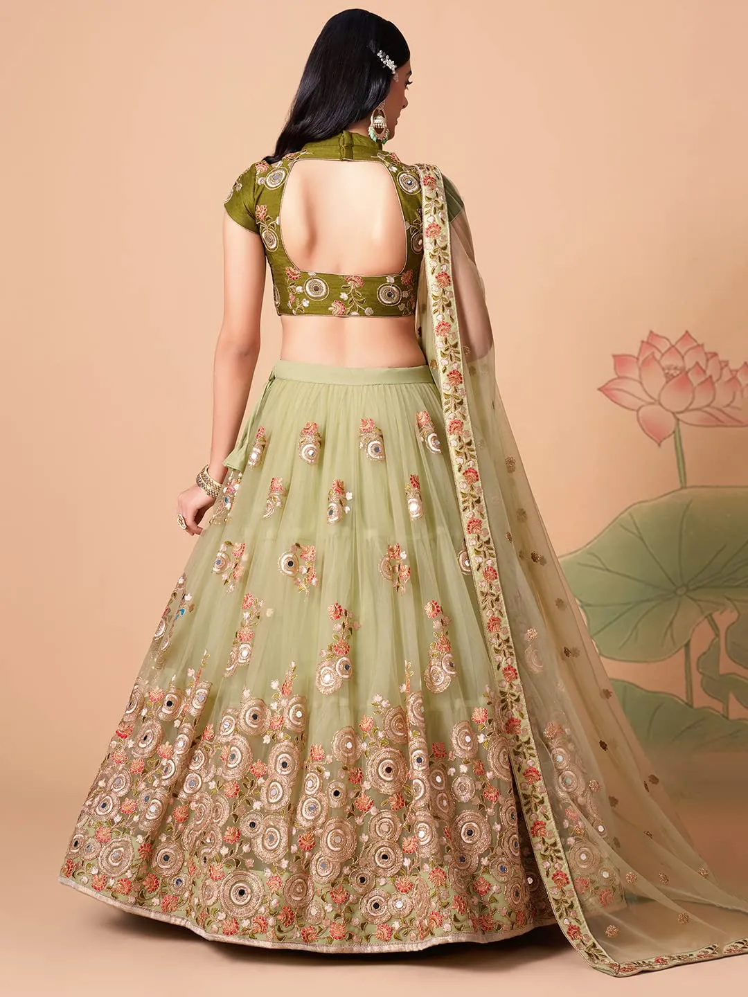 Zeel Clothing Women's Net Embroidered Semi-Stitched Bridal New Lehenga Choli with Dupatta (7326-Pista-Green-Wedding-Bridal-Latest; Free Size) (Pista Green)