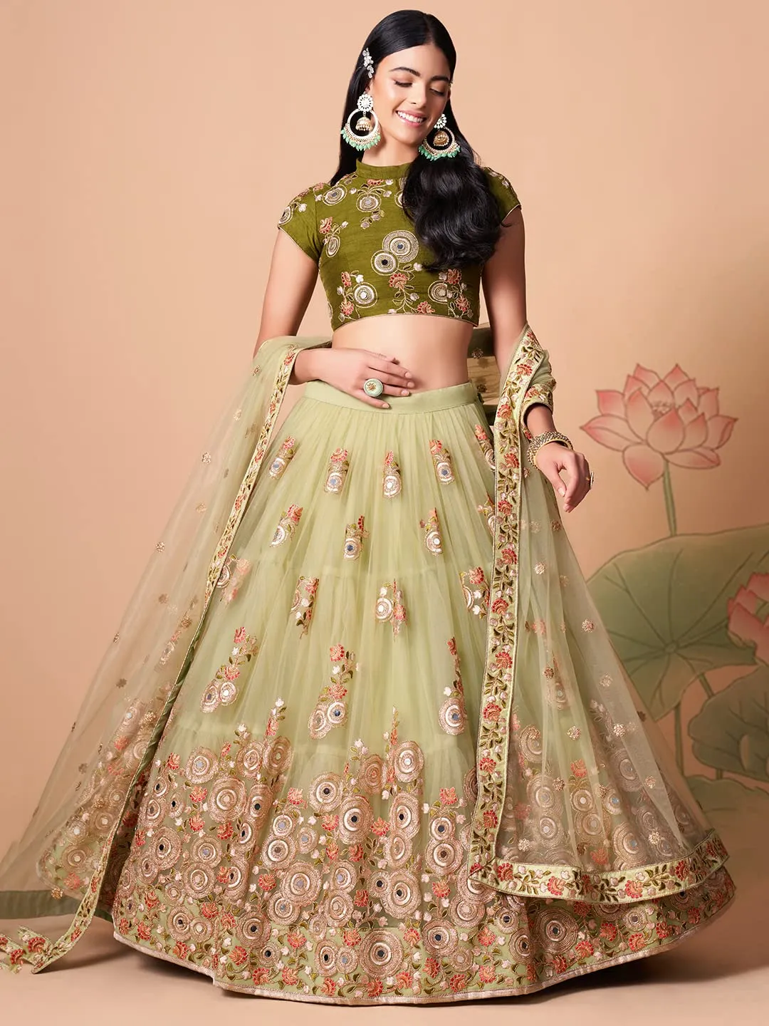 Zeel Clothing Women's Net Embroidered Semi-Stitched Bridal New Lehenga Choli with Dupatta (7326-Pista-Green-Wedding-Bridal-Latest; Free Size) (Pista Green)