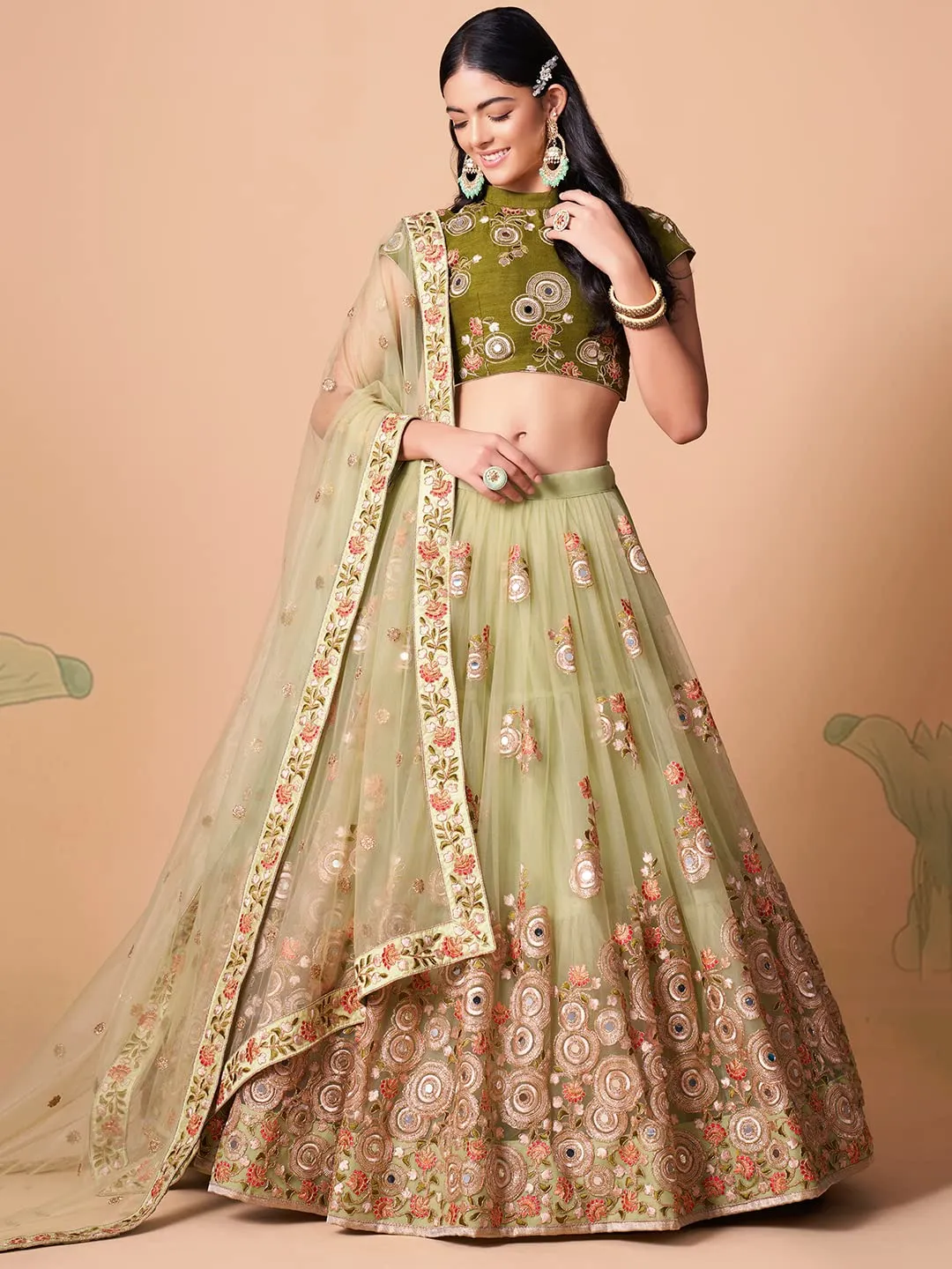 Zeel Clothing Women's Net Embroidered Semi-Stitched Bridal New Lehenga Choli with Dupatta (7326-Pista-Green-Wedding-Bridal-Latest; Free Size) (Pista Green)