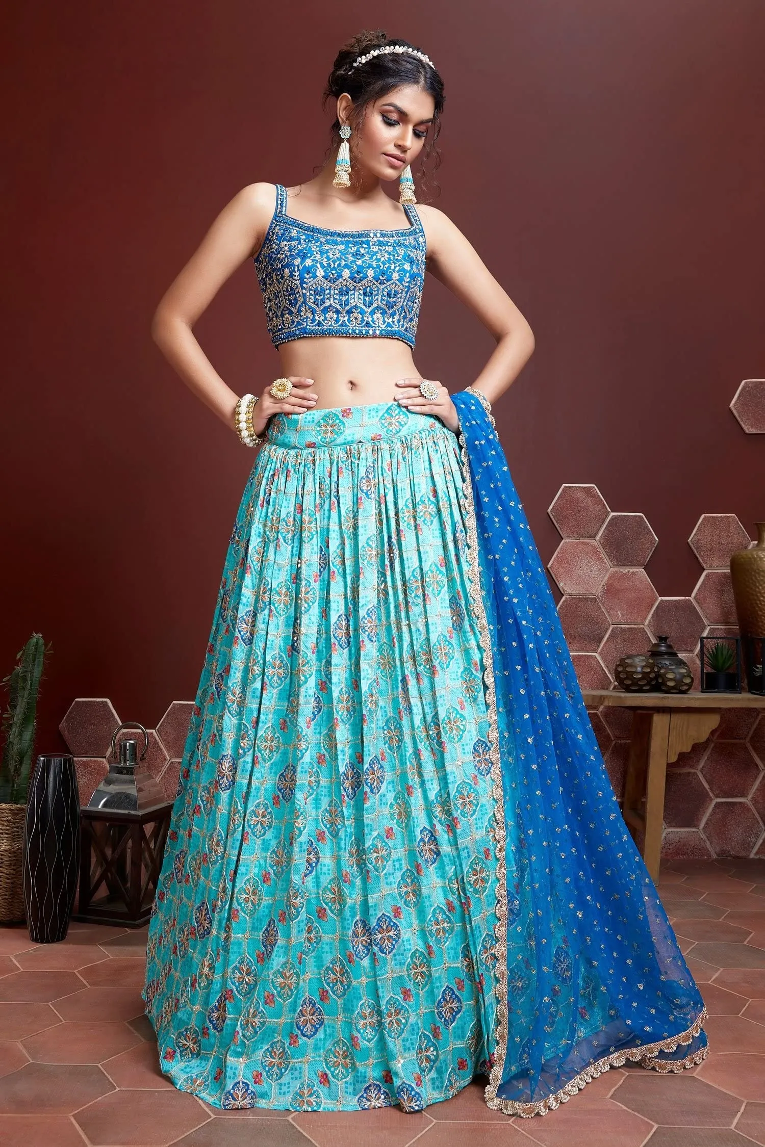 Zeel Clothing Women's Silk Embroidered Semi-Stitched Lehenga Choli with Dupatta (109-SKyBlue-Wedding-Bridal-Latest-Lehenga; Free Size)